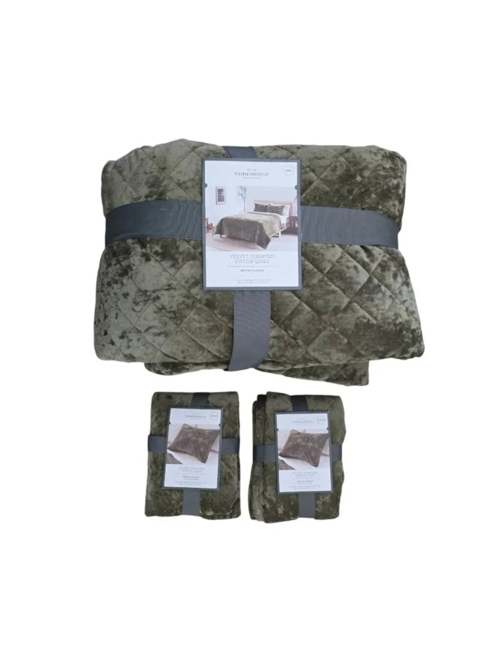 Threshold Olive Green Diamond Stitch Velvet King Quilt + 2 Standard Shams NWT